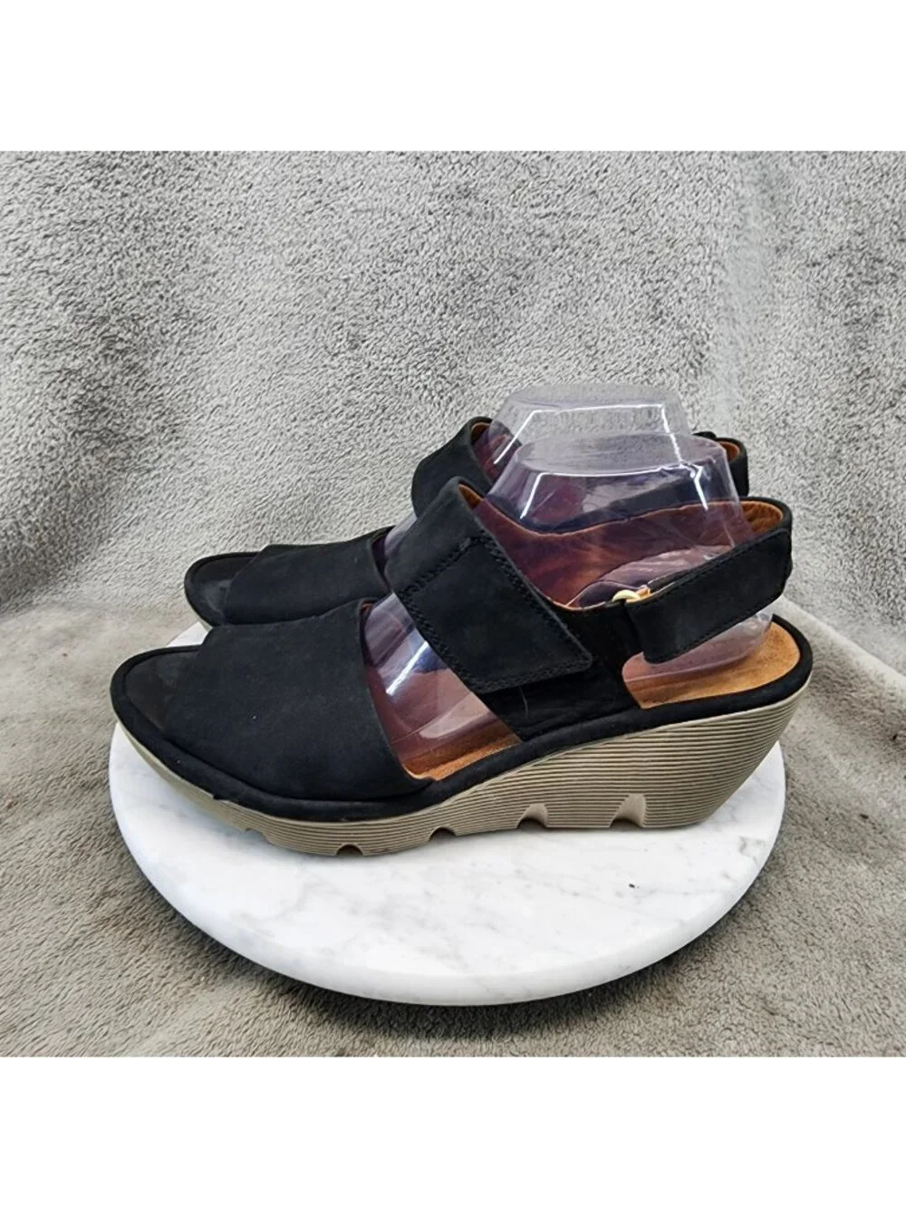 Clarks Shoes Womens Size 10 Black Nubuck Clarene Aluure Wedge Sandals *Read*